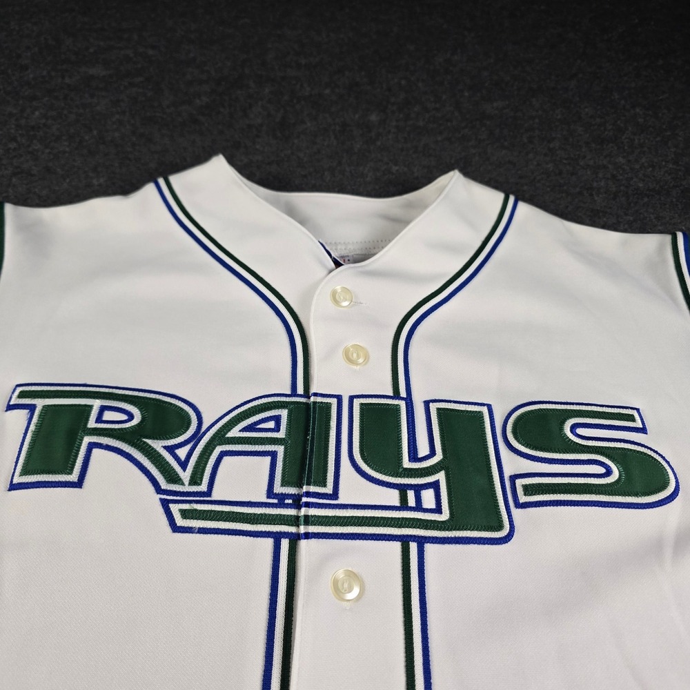 Vtg 90s Majestic Tampa Bay Rays MLB Baseball Jersey White Green Men's XL - Picture 2 of 11